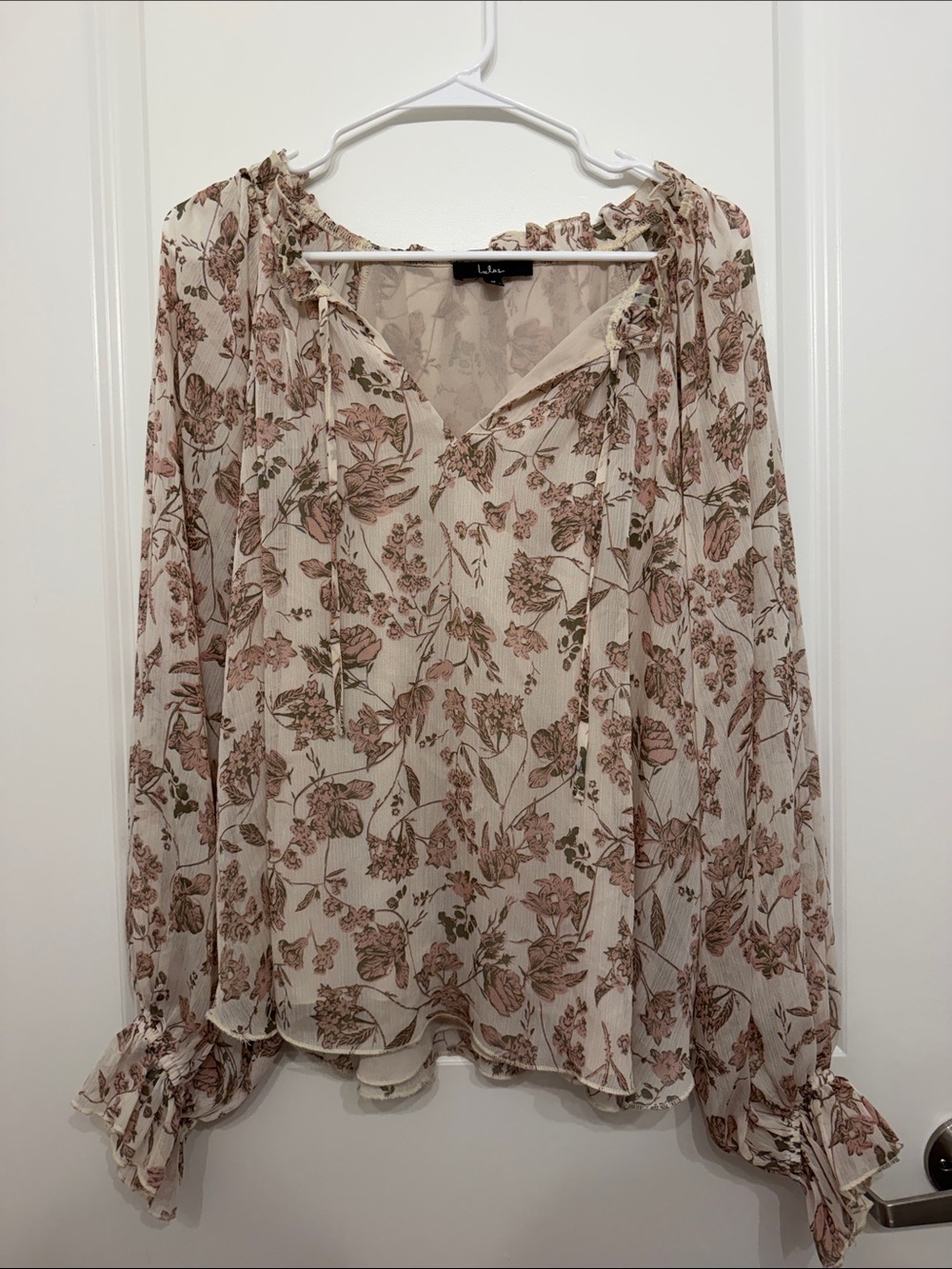 Lulu's Cream Floral Peasant Blouse with Pink and Brown Bloom